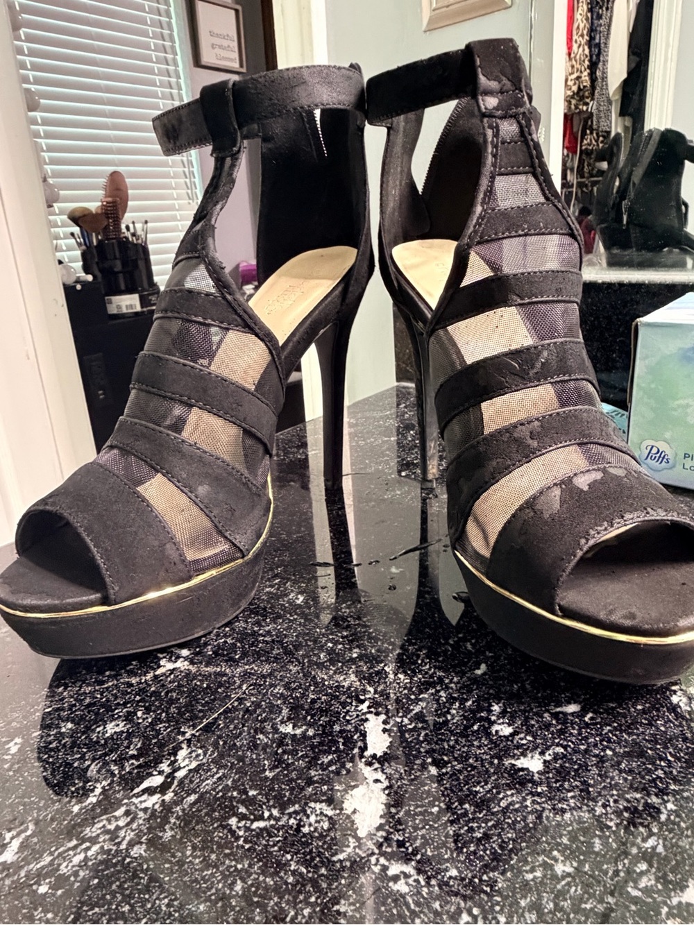 Black Strappy Mesh Platform Stiletto Heels